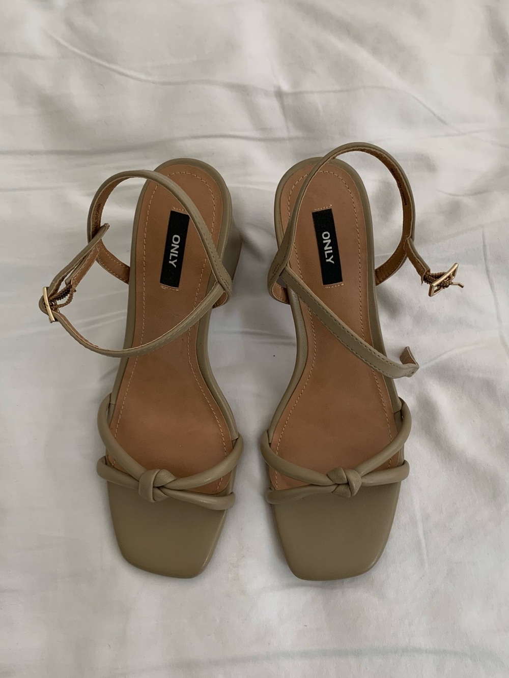 ONLY Taupe Sage Green Knotted Strap Block Heel Sandals